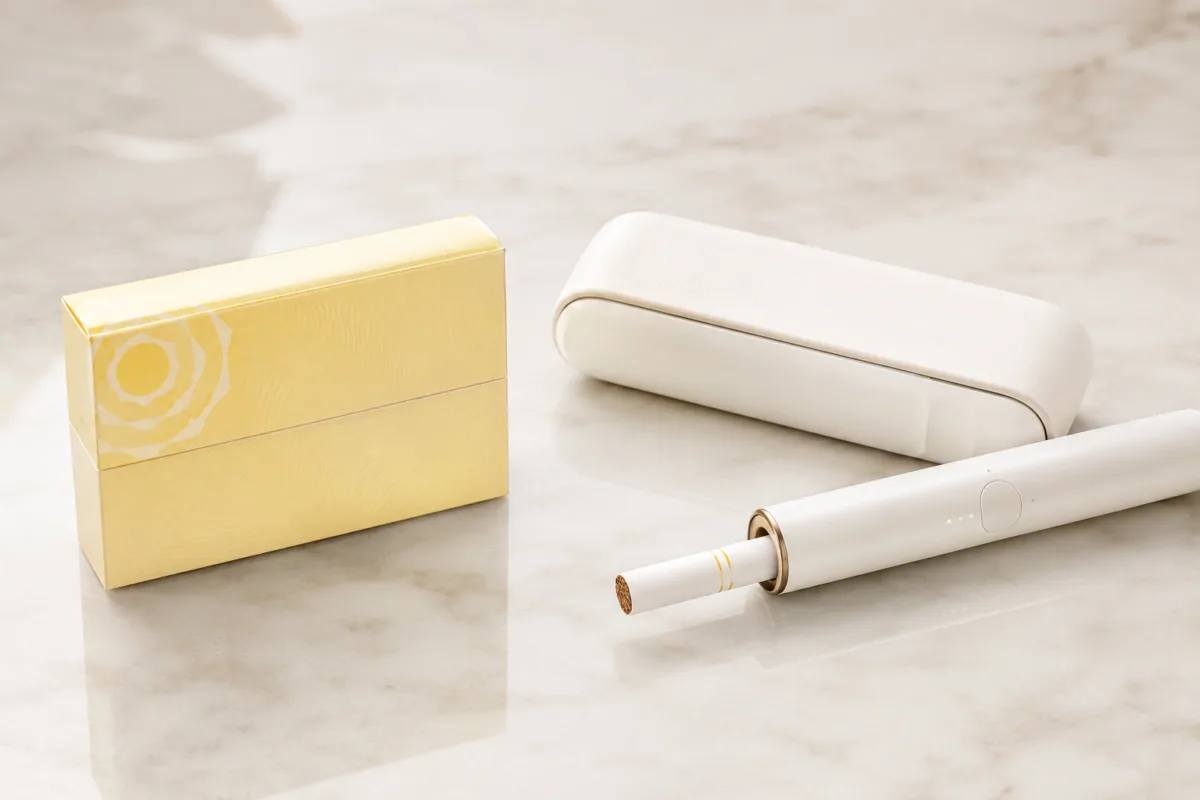 Terea Yellow Swiss with IQOS ILUMA device in Dubai UAE, compatible light citrus tobacco stick