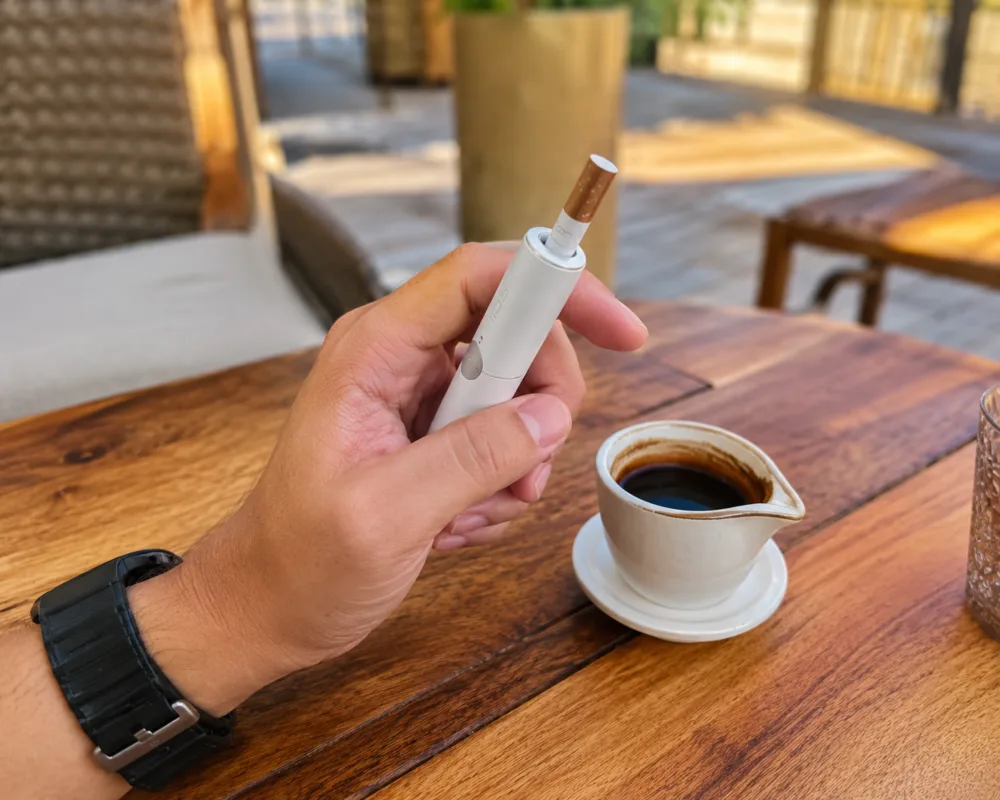 Using Terea Teak Swiss with an IQOS ILUMA device at a cafe in Dubai UAE, warm woody heated tobacco